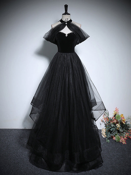 Black A-Line Tulle Long Prom Dress Black Long Evening Dress