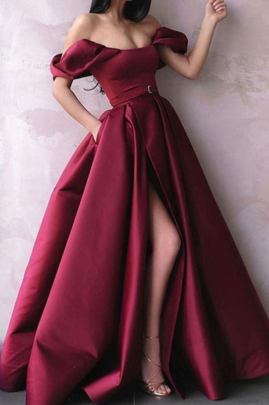 Simple Off-Shoulder Satin Burgundy Prom Dress Long Burgundy Evening Dress