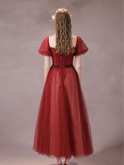 A-Line Burgundy Tulle Tea-Length Prom Dress Burgundy Formal Dress