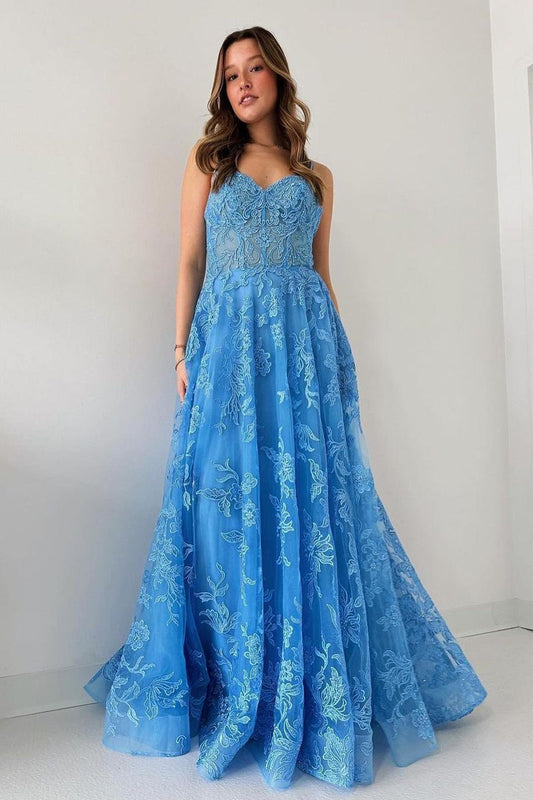 Blue Spaghetti Straps Tulle Material Delicate Appliques Long Prom Dresses