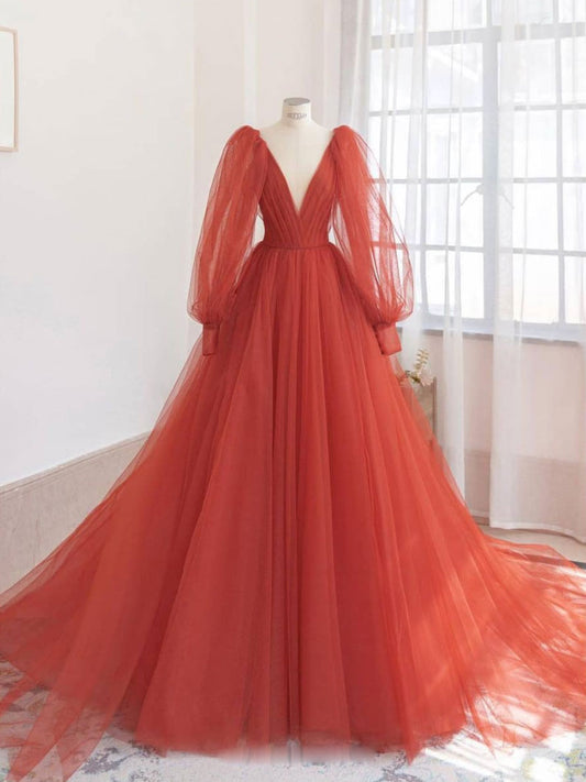 Orange V-Neck Tulle Long Prom Dress Orange Evening Dress