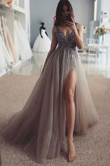 Gray V-Neck Tulle Sequin Long Prom Dress Gray Formal Dress