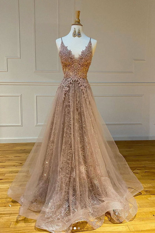 Champagne V-Neck Tulle Lace Long Prom Dress Champagne Evening Dress