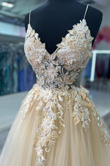 Apricot A Line Backless Long Prom Dress With Appliques