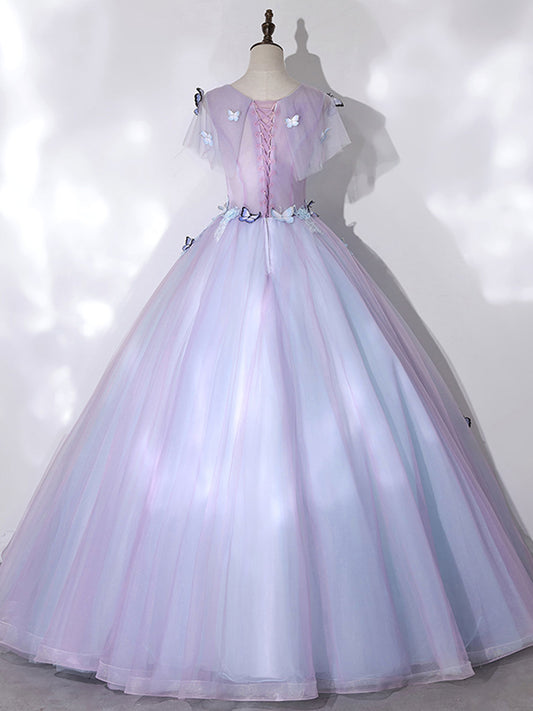 A-Line Round Neck Tulle Purple Long Prom Dress Purple Formal Dress