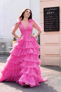 A Line Fuchsia V Neck Tulle Long Prom Dress with Ruffles