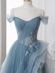 Gray Blue A-Line Lace Long Prom Dress Gray Blue Formal Evening Dress