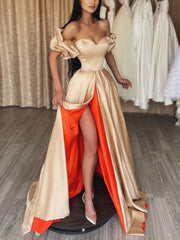 Champagne Sweetheart Neck Satin Long Prom Dress Unique Evening Dress