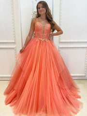 Orange Tulle Lace Long Prom Dress Orange Tulle Evening Dress