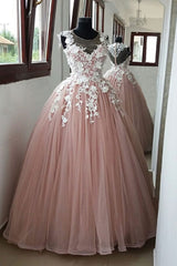 Pink Round Neck Tulle Lace Applique Long Prom Dress Pink Evening Dress