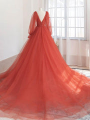 Orange V-Neck Tulle Long Prom Dress Orange Evening Dress