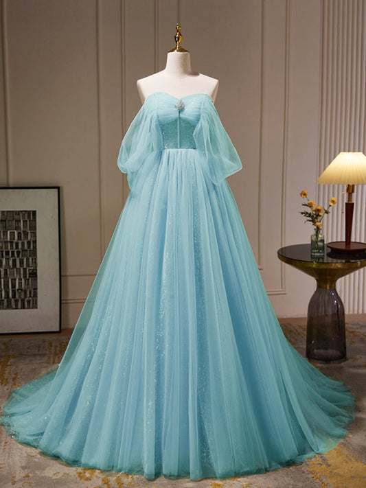 A-Line Off-Shoulder Tulle Blue Long Prom Dress Blue Long Evening Dress