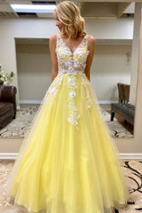 Yellow V-Neck Tulle Lace Long Prom Dress Yellow Formal Dress