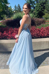 Blue V-Neck Tulle Long Prom Dress Blue Evening Dress