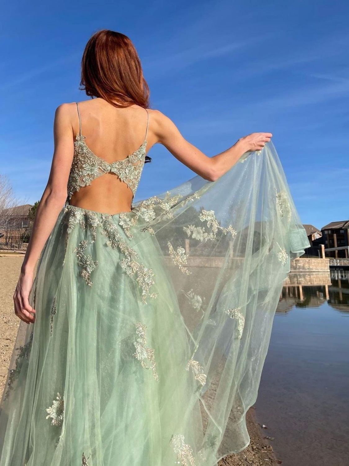 Green Tulle Lace Long Prom Dress Green Tulle Lace Formal Dress