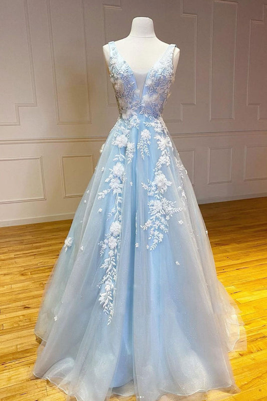 Blue V-Neck Tulle Lace Long Prom Dress Blue Lace Evening Dress