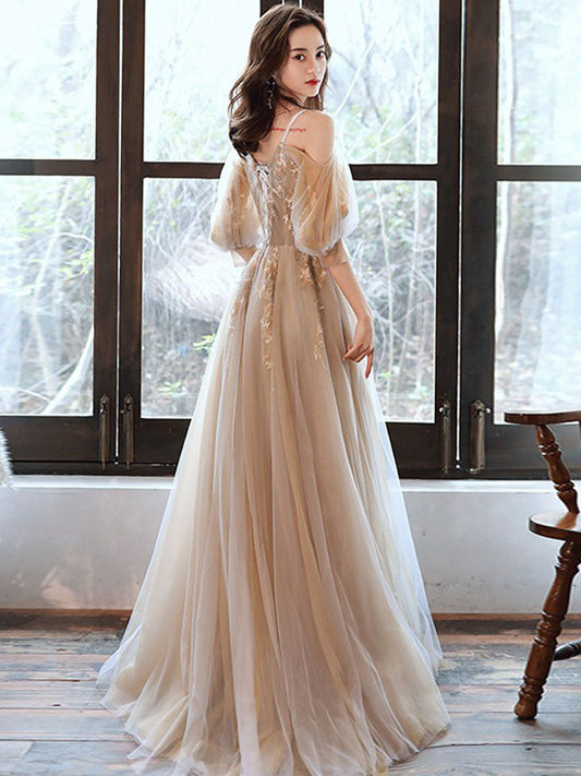 Champagne V-Neck Tulle Long Prom Dress Champagne Evening Gown