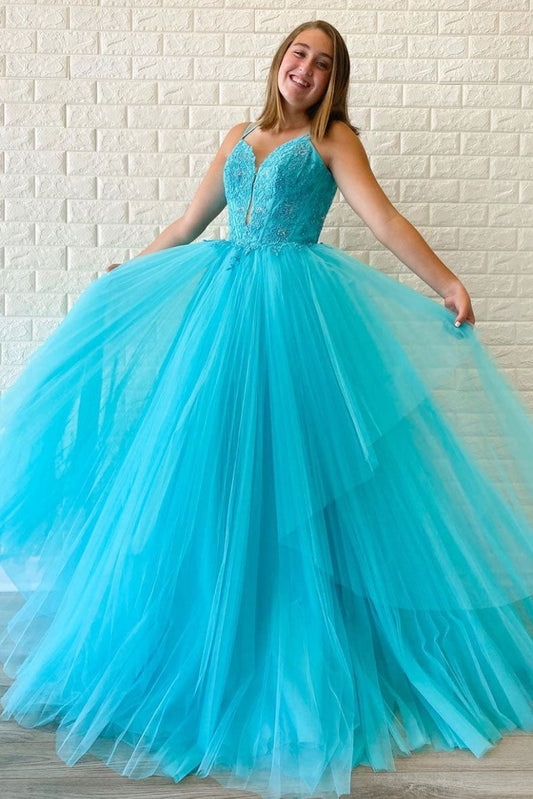 Blue V-Neck Tulle Long Prom Dress Blue Tulle Formal Dress