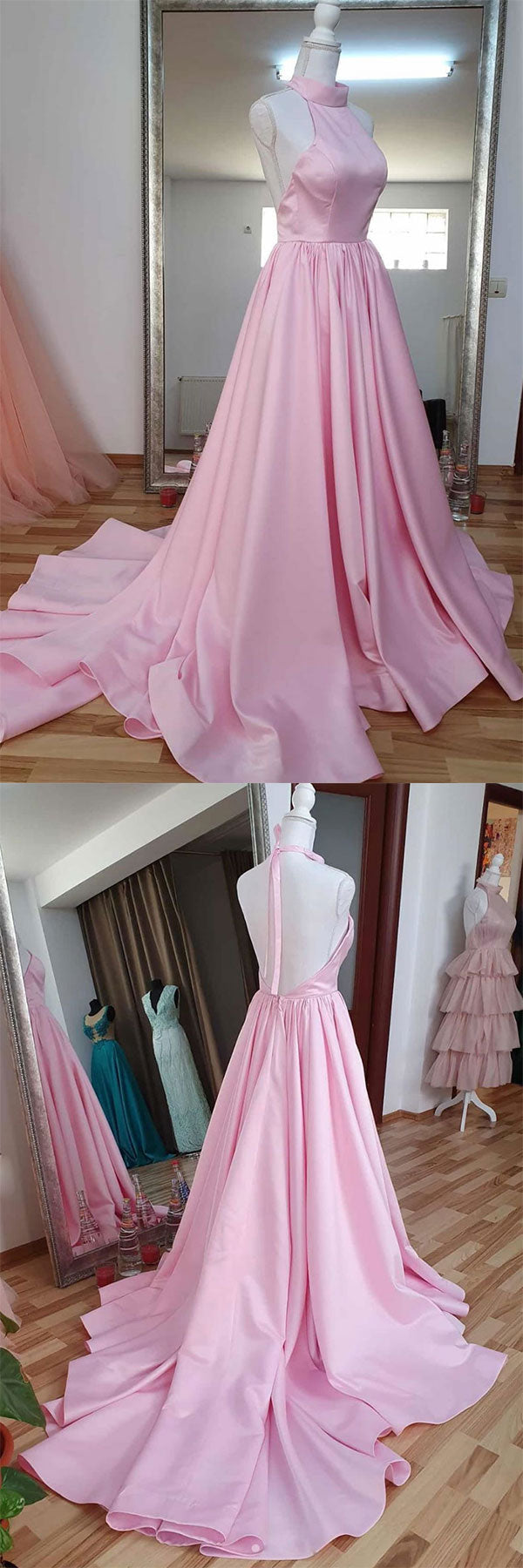 Pink High Neck Satin Long Prom Dress Pink Evening Dress