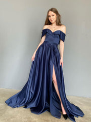 Simple Blue Off-Shoulder Satin Long Prom Dress Blue Evening Dress