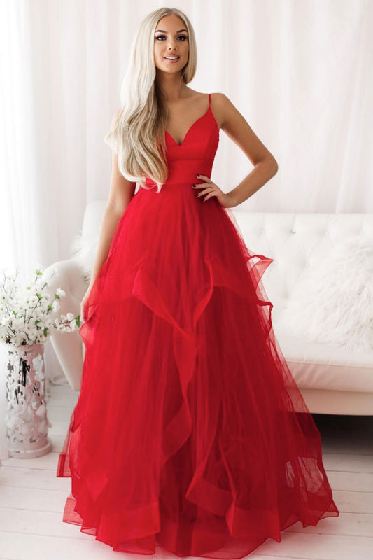 Red V-Neck Tulle Long Prom Dress Red Tulle Evening Dress