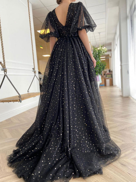 Black V-Neck Tulle Long Prom Dress Black Evening Dress