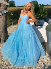 Simple Blue Tulle Sequin Long Prom Dress Blue Tulle Formal Dress