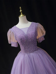 Purple V-Neck Tulle Beaded Sequin Short Prom Dress Purple Homecoming Dress