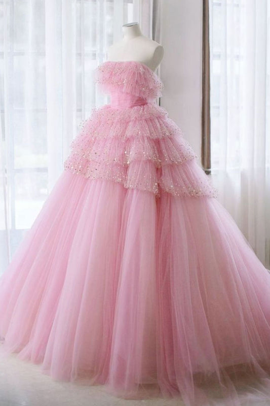 Pink Tulle Lace Long Prom Dress Pink Tulle Evening Gown