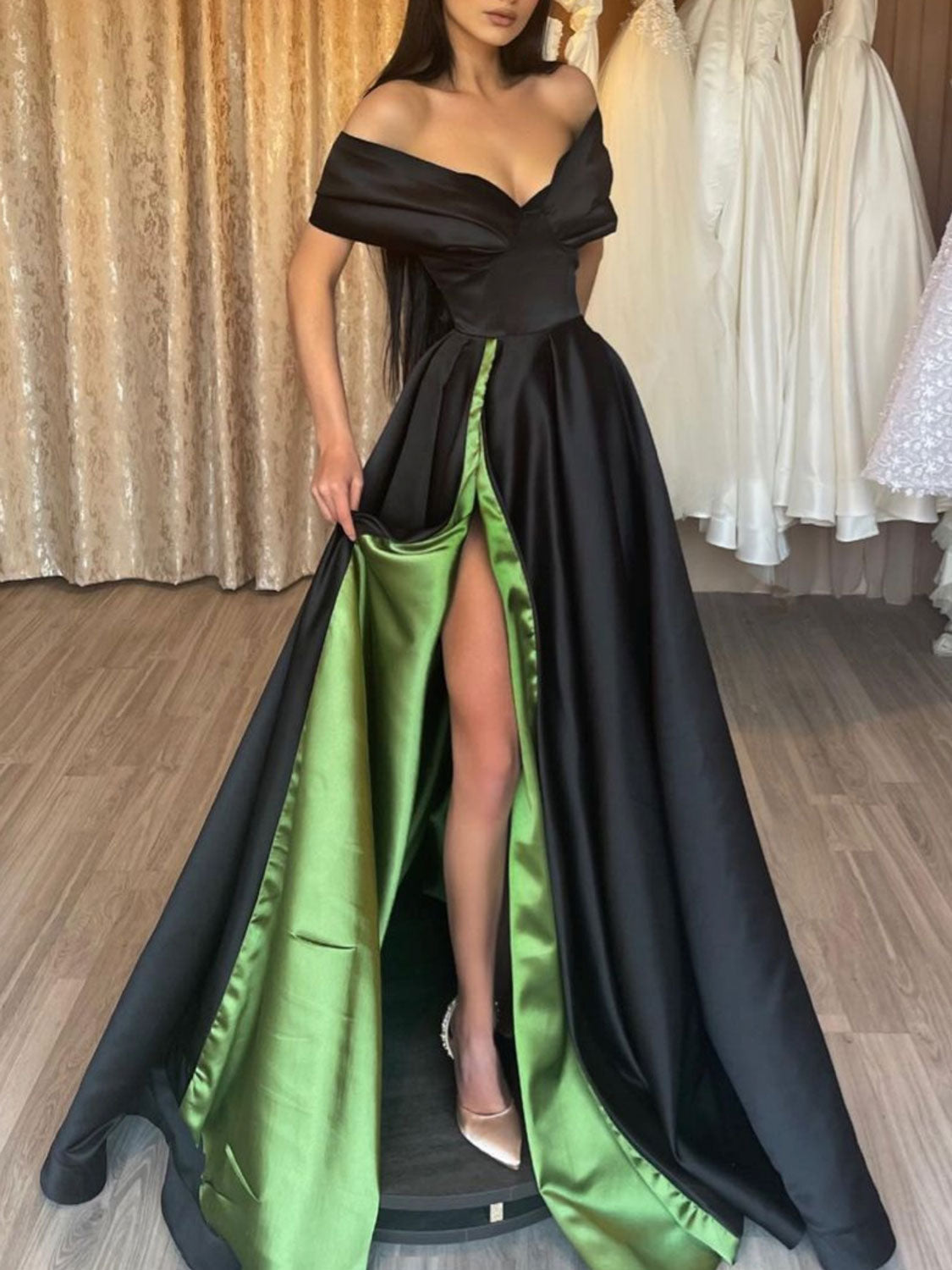 Simple Black Satin Off-Shoulder Long Prom Dress Black Evening Dress