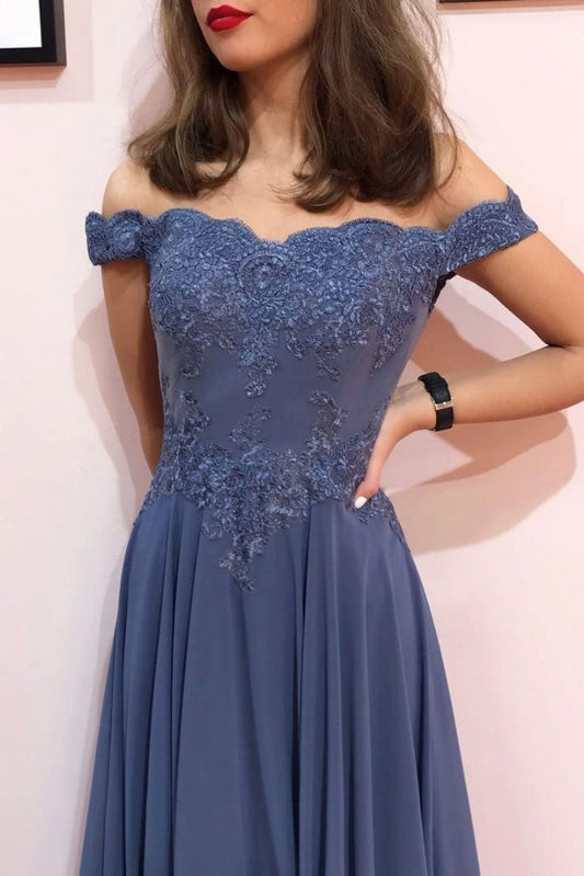 Blue Off-Shoulder Chiffon Lace Long Prom Dress Blue Formal Dress