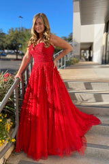 Red Sweetheart Neck Tulle Lace Long Prom Dress Red Formal Gown