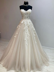 Ivory Sweetheart Neck Tulle Lace Long Prom Dress Tulle Formal Gown