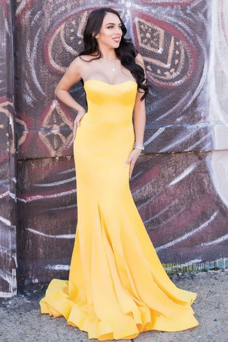 Yellow Satin Mermaid Long Prom Dress Yellow Formal Dress