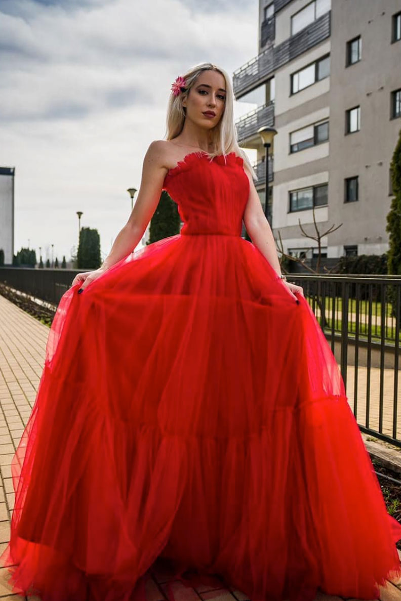 Red Tulle Long Prom Dress Red Tulle Formal Gown