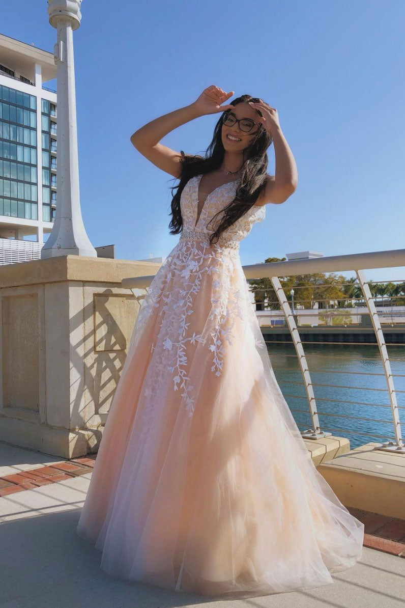 Pink V-Neck Tulle Lace Long Prom Dress Pink Tulle Formal Dress