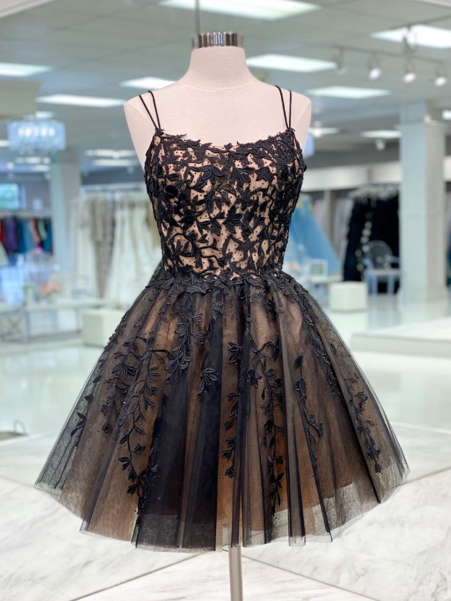 Black Tulle Lace Short Prom Dress Black Tulle Lace Homecoming Dress