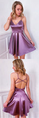 Simple Purple V-Neck Satin Short Prom Dress Homecoming Dress