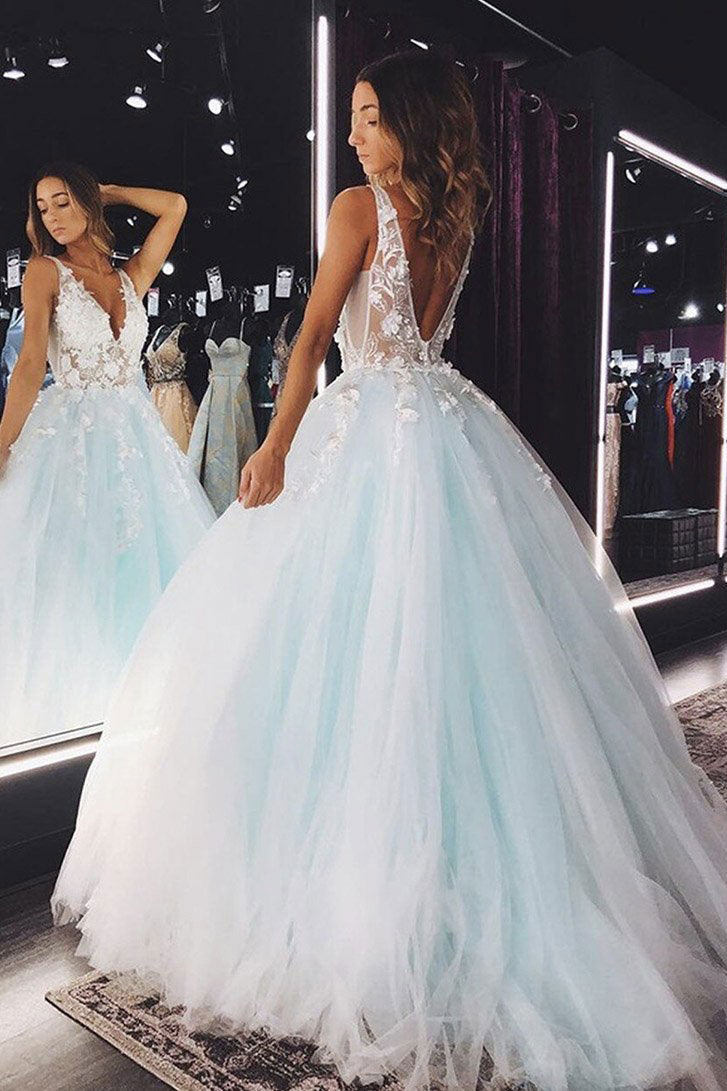 Blue V-Neck Tulle Lace Long Prom Dress Blue Lace Formal Dress