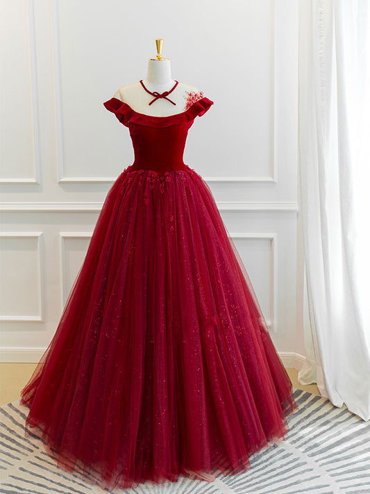 Burgundy Tulle Lace Long Prom Dress Burgundy Tulle Evening Dress