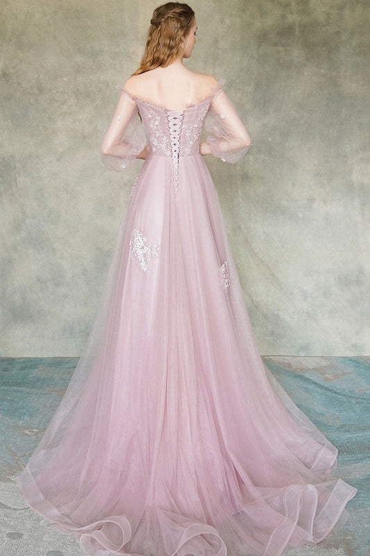 Pink Tulle Lace Long Prom Dress Pink Tulle Formal Dress