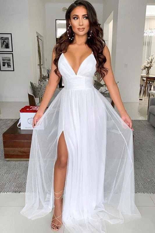 White V-Neck Tulle Long Prom Dress White Evening Gown