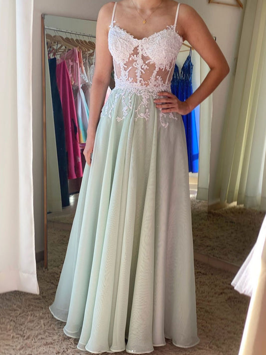 Green A-Line Chiffon Lace Long Prom Dress Green Evening Dress