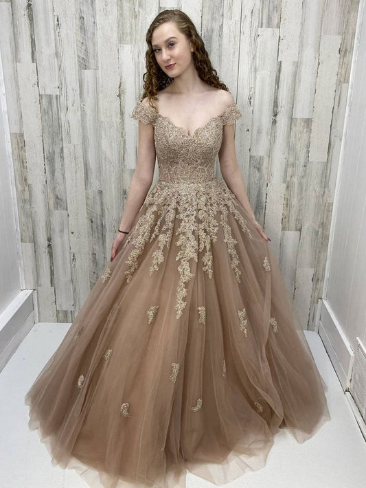 Champagne Off-Shoulder Tulle Lace Long Prom Dress Lace Evening Dress