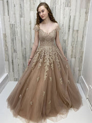 Champagne Off-Shoulder Tulle Lace Long Prom Dress Lace Evening Dress