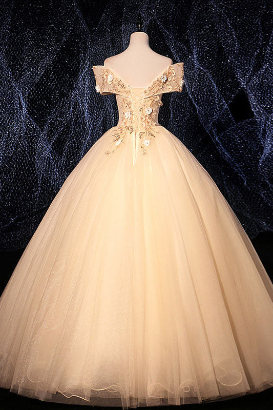 Champagne V-Neck Tulle Lace Long Prom Dress Champagne Evening Dress