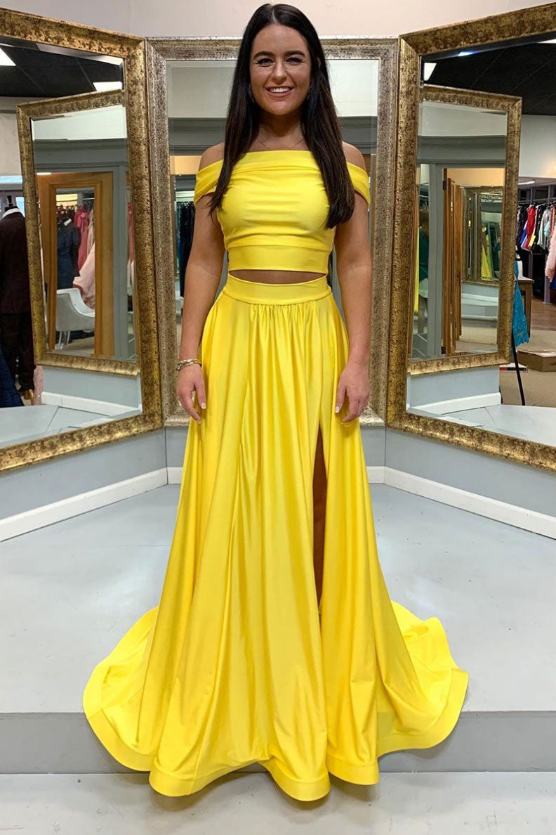 Simple Yellow Satin Two-Piece Long Prom Dress Yellow Formal Dress