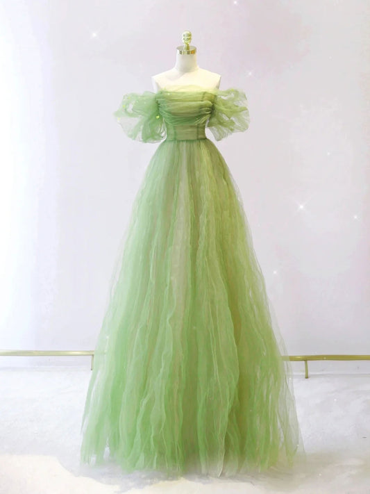 Green A-Line Tulle Long Prom Dress Green Tulle Formal Evening Dress