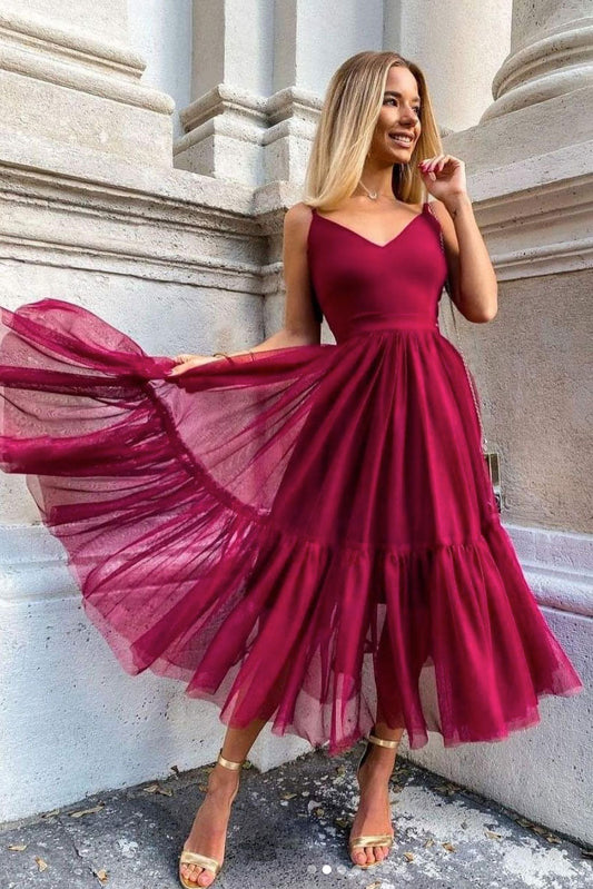 Simple Burgundy V-Neck Tulle Prom Dress Burgundy Evening Dress