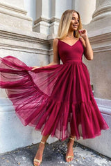 Simple Burgundy V-Neck Tulle Prom Dress Burgundy Evening Dress